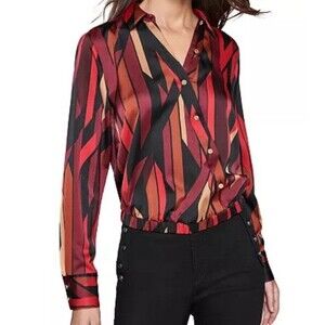 Karl Lagerfeld Women's L Geo-Printed Faux-Wrap Satin Long Sleeve Tunic Top